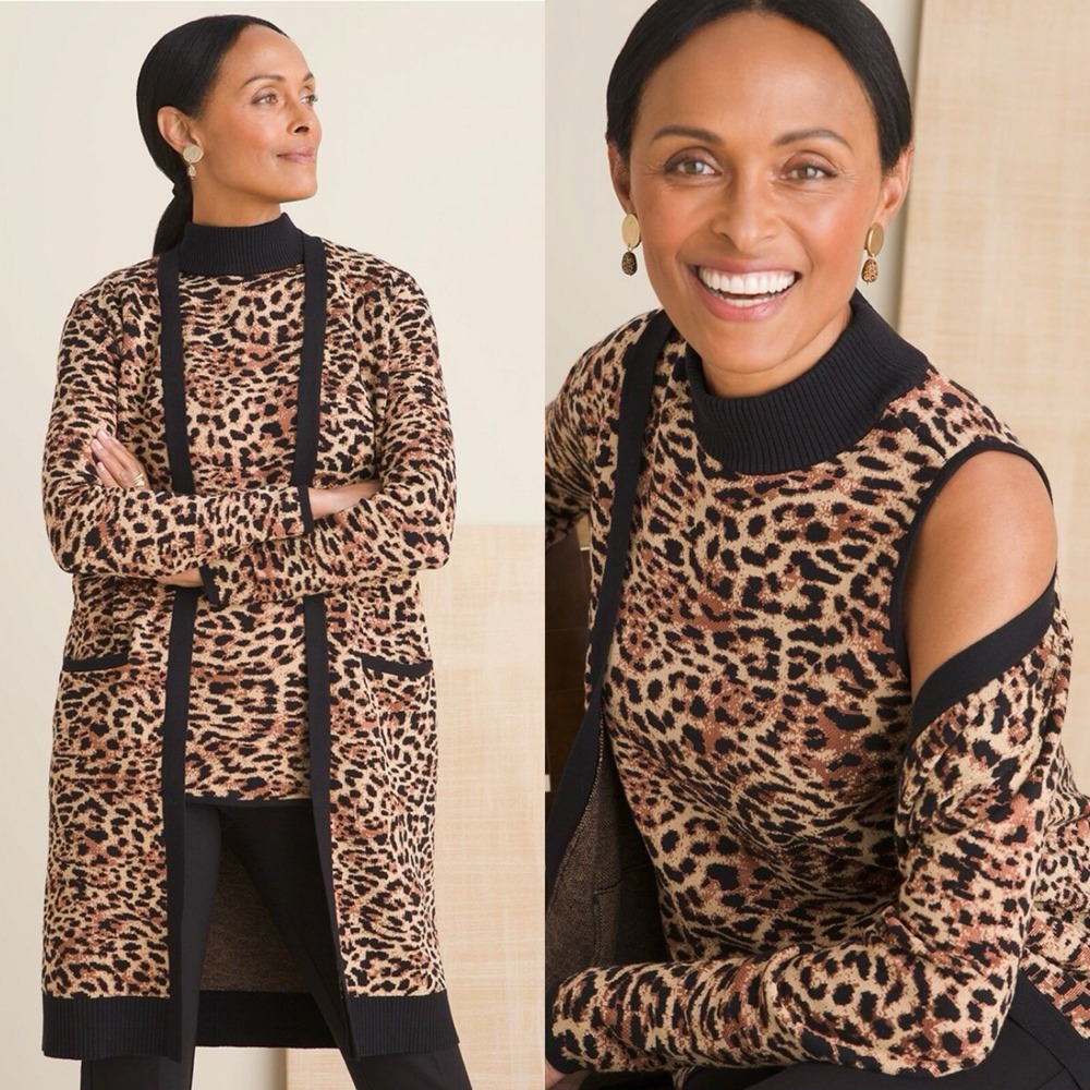 Chico's 2 Piece Long Line Jacquard Animal Print Cardigan Tank Top Sz 0 Small